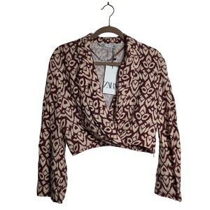 ZARA Beige &‎ Red Cropped Long Sleeve Blouse Top Womens S Small